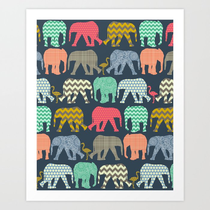 baby elephants and flamingos Art Print