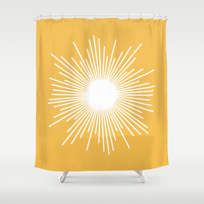 Mid Century Modern Sunburst - Minimalist Sun in Mustard Marigold Yellow and White Shower Curtain