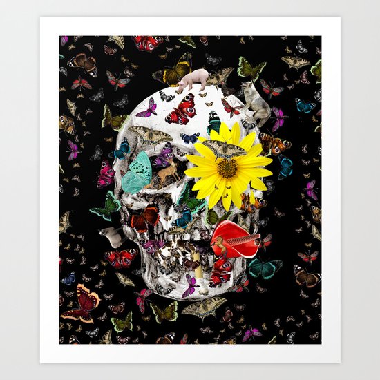 Skull Flowers Animals on Black | Butterflies Art Print