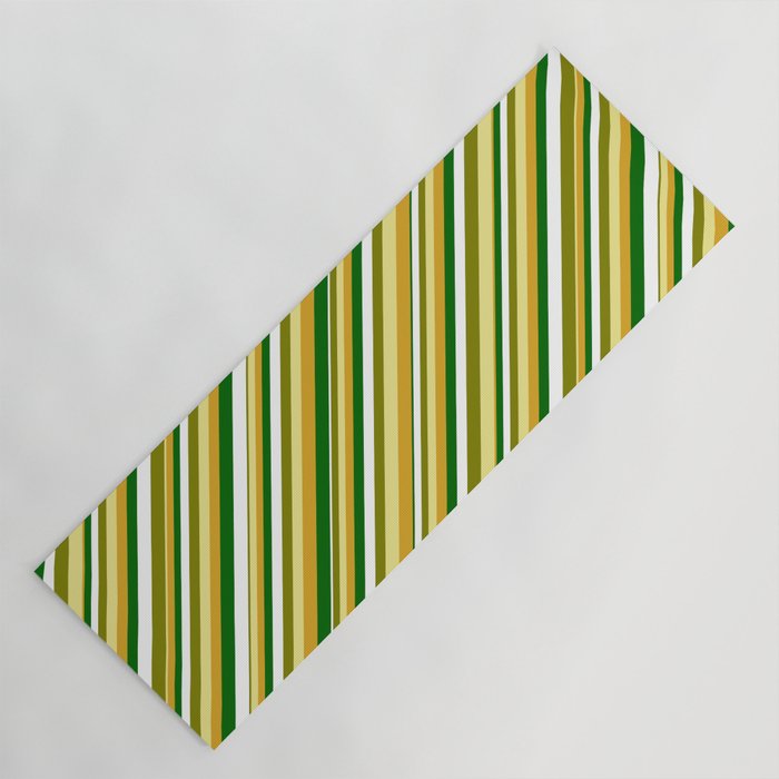 Vibrant Green, Tan, Goldenrod, Dark Green & White Colored Pattern of Stripes Yoga Mat