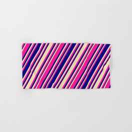 [ Thumbnail: Deep Pink, Blue, and Tan Colored Stripes/Lines Pattern Hand & Bath Towel ]