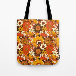 Retro 70s Flower Power, Floral, Orange Brown Yellow Psychedelic Pattern Tote Bag
