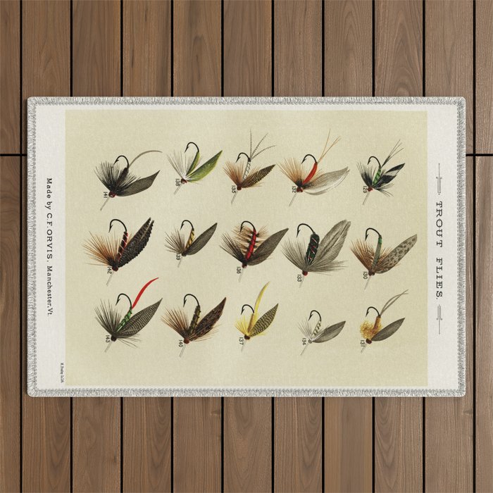 Vintage Fly Fishing Print - Trout Flies Outdoor Rug by SFT Design Studio