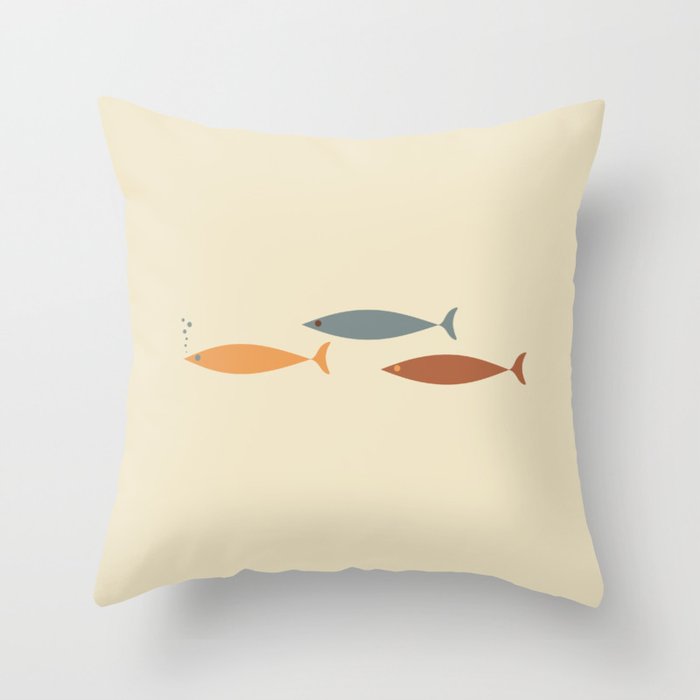 Fish Trio Mid-Century Modern Minimalism in Orange, Slate Blue, Brown, and Cream Beige Throw Pillow