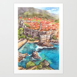Dubrovnik Croatia ink & watercolor illustration Art Print