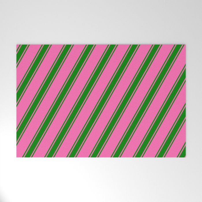 Hot Pink and Green Colored Lined/Striped Pattern Welcome Mat