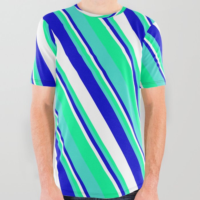 Blue, White, Green, and Turquoise Colored Striped/Lined Pattern All Over Graphic Tee