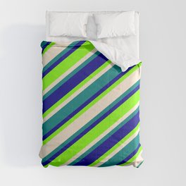 [ Thumbnail: Dark Blue, Chartreuse, Beige, and Teal Colored Stripes/Lines Pattern Comforter ]