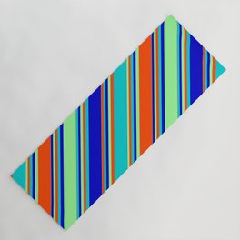 [ Thumbnail: Dark Turquoise, Blue, Green, and Red Colored Striped Pattern Yoga Mat ]
