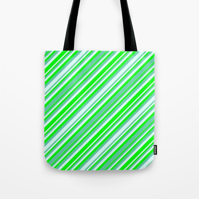 Lime, Aquamarine, and Light Cyan Colored Lines Pattern Tote Bag