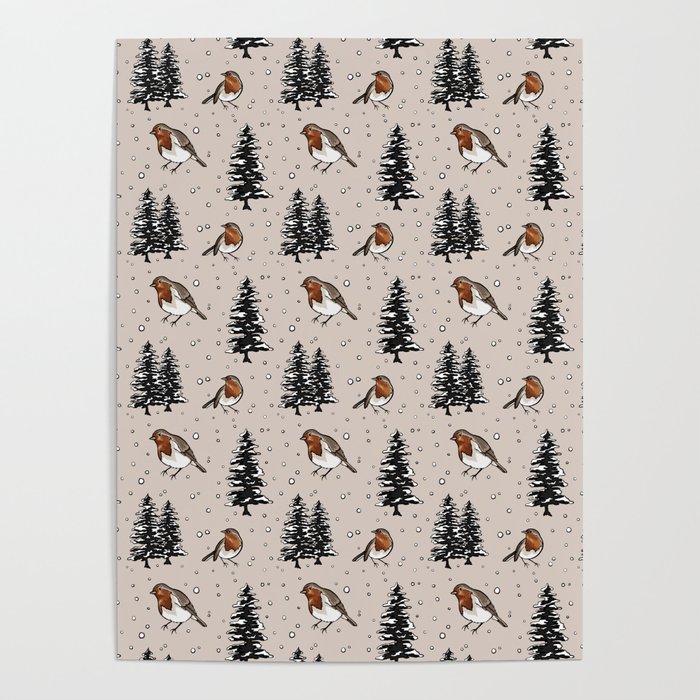 Winter Red Robins and Snow Covered Trees Pattern Digital Illustration Poster