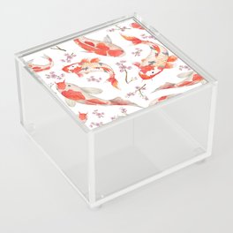 Watercolor oriental pattern with rainbow carps. Seamless oriental texture with isolated hand drawn fishes and blossom cherry. Asian natural background in Acrylic Box