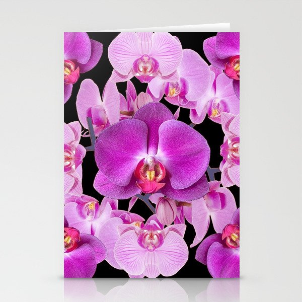 Modern  Ornate Pink & Purple  Moth Orchids Black Colored Art Stationery Cards