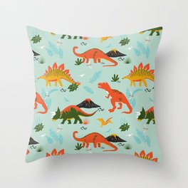 Jurassic Dinosaurs in Blue + Red Throw Pillow