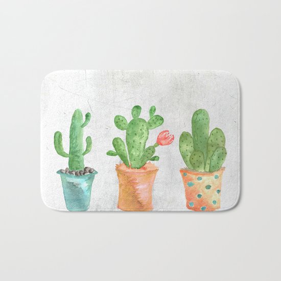 Three Green Cacti Watercolor White Bath Mat