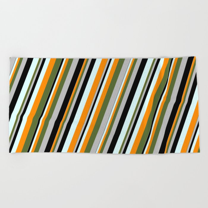 Light Cyan, Dark Orange, Dark Olive Green, Grey, and Black Colored Striped Pattern Beach Towel
