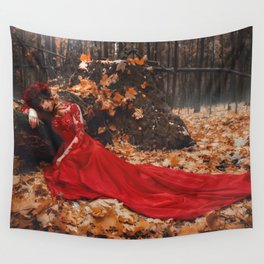 The May Queen; the goddess of flowers in red roses forest female in red gown magical realism fantasy portrait color photograph / photography Wall Tapestry