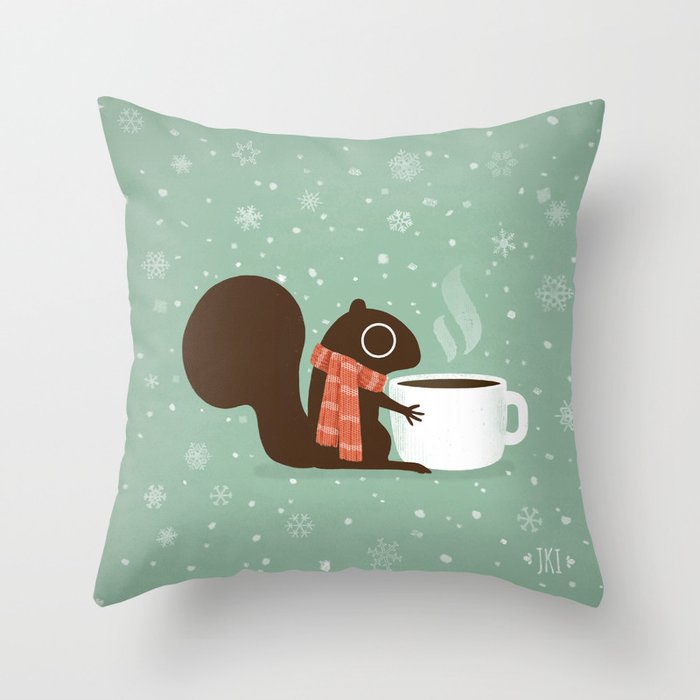 Cute Squirrel Coffee Lover Winter Holiday Throw Pillow