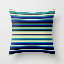 [ Thumbnail: Vibrant Dark Sea Green, Beige, Dark Cyan, Blue & Black Colored Striped/Lined Pattern Throw Pillow ]