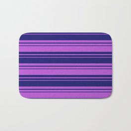[ Thumbnail: Midnight Blue & Orchid Colored Lined/Striped Pattern Bath Mat ]