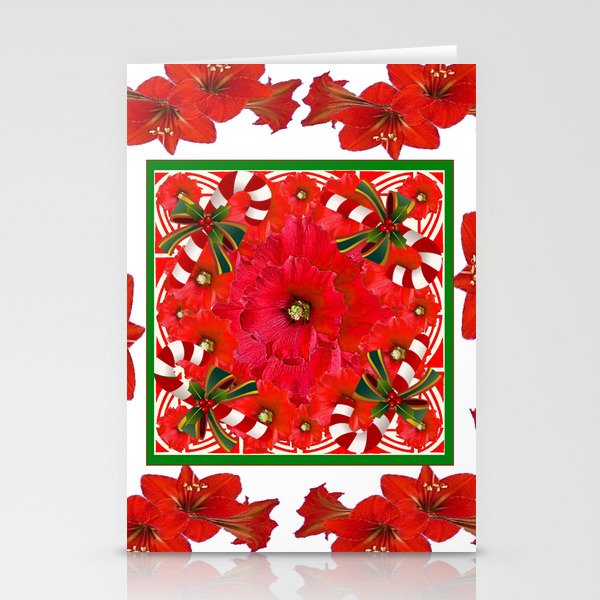 RED AMARYLLIS FLOWERS & HOLIDAY CANDY CANE FLORAL ART Stationery Cards