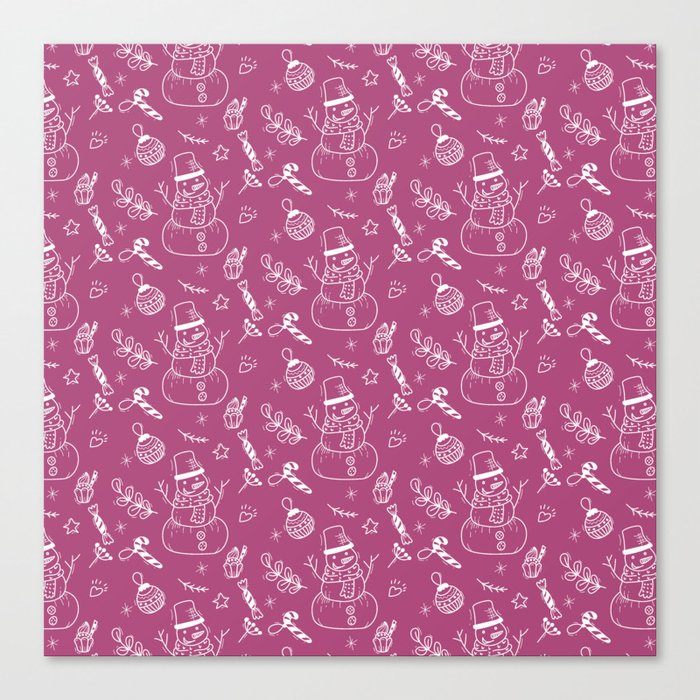 Magenta and White Christmas Snowman Doodle Pattern Canvas Print
