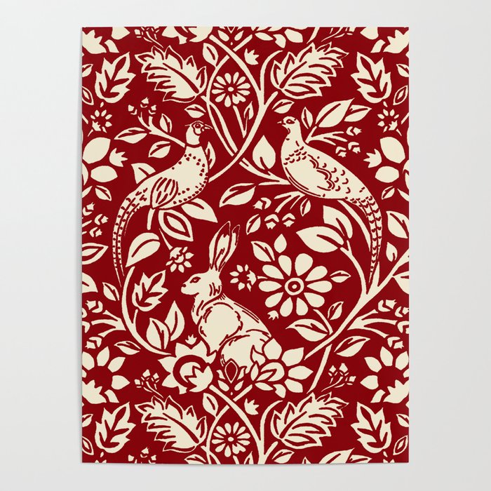 Pheasant and Hare Pattern, Deep Red and Cream  Poster