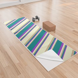 [ Thumbnail: Tan, Light Yellow, Dark Orchid, and Teal Colored Stripes Pattern Yoga Towel ]