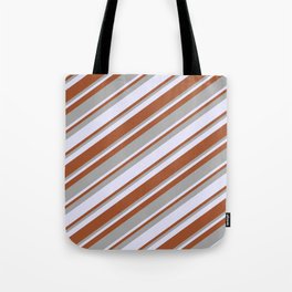 [ Thumbnail: Lavender, Sienna & Dark Grey Colored Lines/Stripes Pattern Tote Bag ]