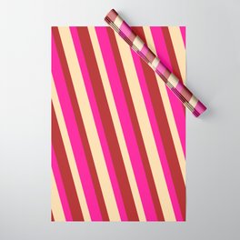 [ Thumbnail: Deep Pink, Tan & Red Colored Lined/Striped Pattern Wrapping Paper ]