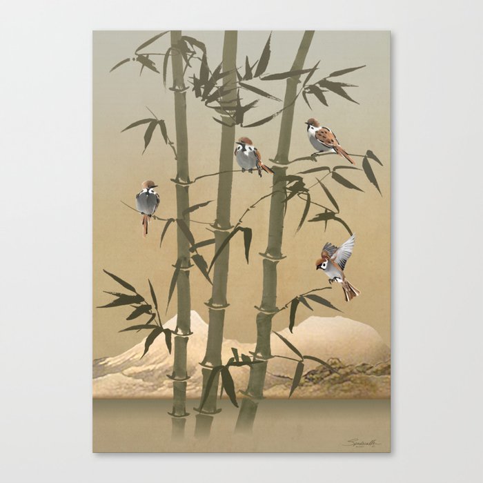 Sparrows And Bamboo Canvas Print