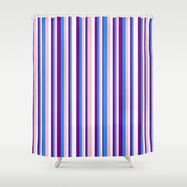 [ Thumbnail: Pink, Blue, Purple, and White Colored Stripes/Lines Pattern Shower Curtain ]