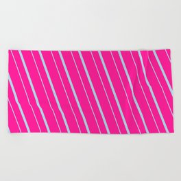 [ Thumbnail: Deep Pink & Light Blue Colored Stripes/Lines Pattern Beach Towel ]