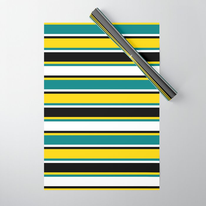 Yellow, Teal, White, and Black Colored Striped Pattern Wrapping Paper