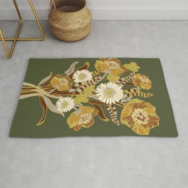 70s, flowers, green, retro, vintage, floral bouquet, olive green Rug