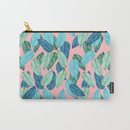 Tropical leaves on Pink Carry-All Pouch