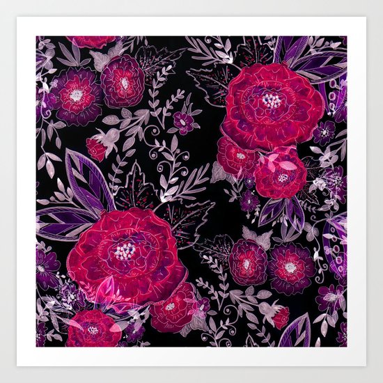 Pink roses on black background . Art Print