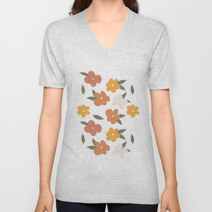Cute Naive Modern Flowers Pattern V Neck T Shirt