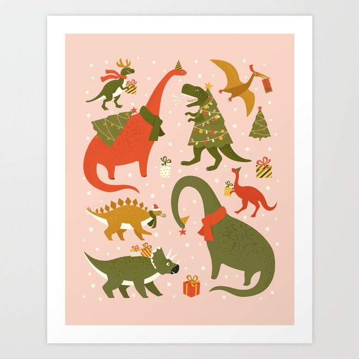Tyrannosaurus and Dinosaurs Christmas Tree Rex Art Print