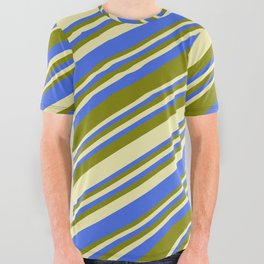 [ Thumbnail: Pale Goldenrod, Royal Blue, and Green Colored Lined Pattern All Over Graphic Tee ]