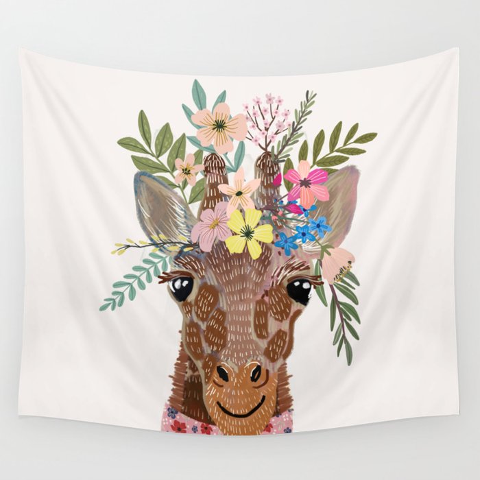 Giraffe with flowers on head Wall Tapestry