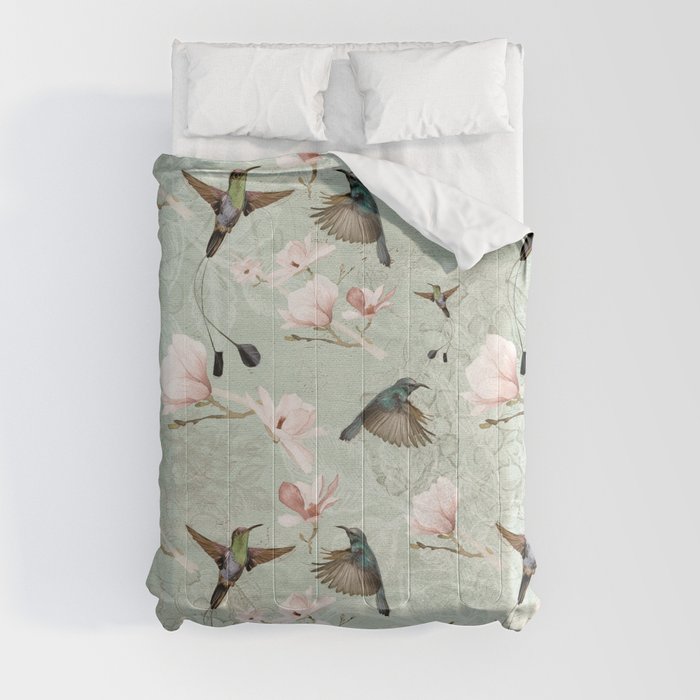 Vintage Watercolor hummingbird and Magnolia Flowers on mint Background Comforter