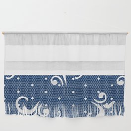 White Floral Curls Lace Horizontal Split on Dark Navy Blue Wall Hanging