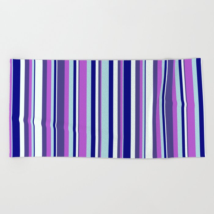 Colorful Blue, Powder Blue, Orchid, Dark Slate Blue & Mint Cream Colored Lined/Striped Pattern Beach Towel
