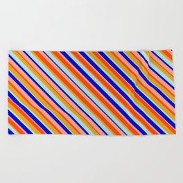 [ Thumbnail: Eye-catching Red, Goldenrod, Powder Blue, Blue, and Light Salmon Colored Lined/Striped Pattern Beach Towel ]