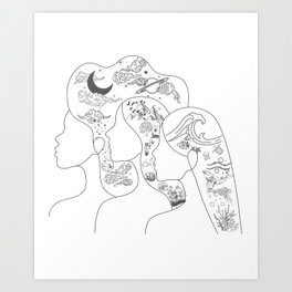 univers line art Art Print | Girl, Stars, Graphicdesign, Planet, Moon, Deer, Line Art, Flower, Woman, Butterfly 