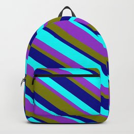 [ Thumbnail: Aqua, Dark Orchid, Green, and Dark Blue Colored Stripes/Lines Pattern Backpack ]