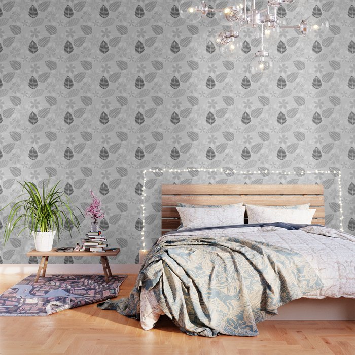 Leaf Floral Print in Black, White and Gray Wallpaper