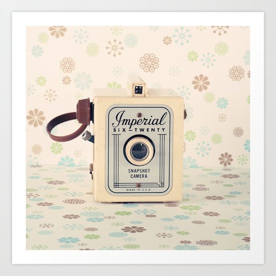 Retro Film Camera on Beige - Cream Pattern Background Art Print