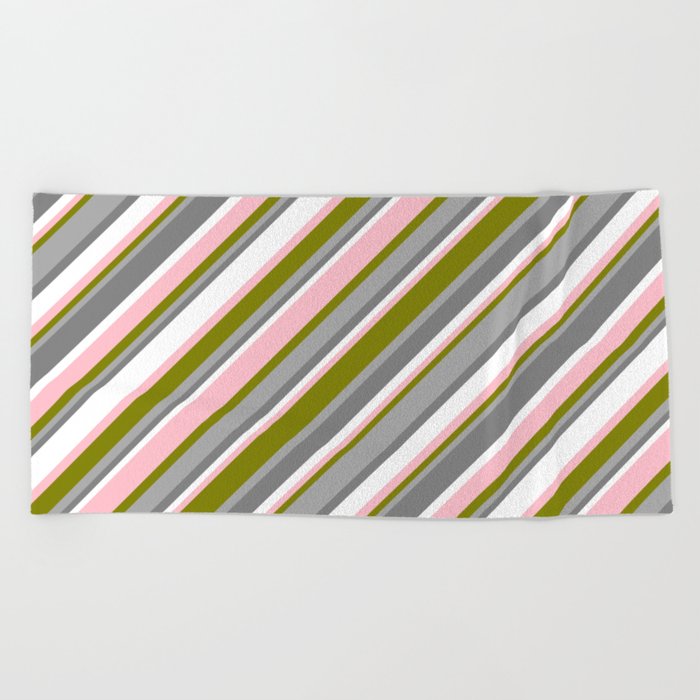 Eye-catching Green, Dark Grey, Gray, White & Pink Colored Pattern of Stripes Beach Towel